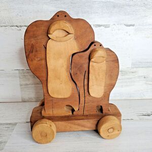 Handmade Wooden Monkey Ape Push Train Car Toy Figure Rustic Primitive Decor